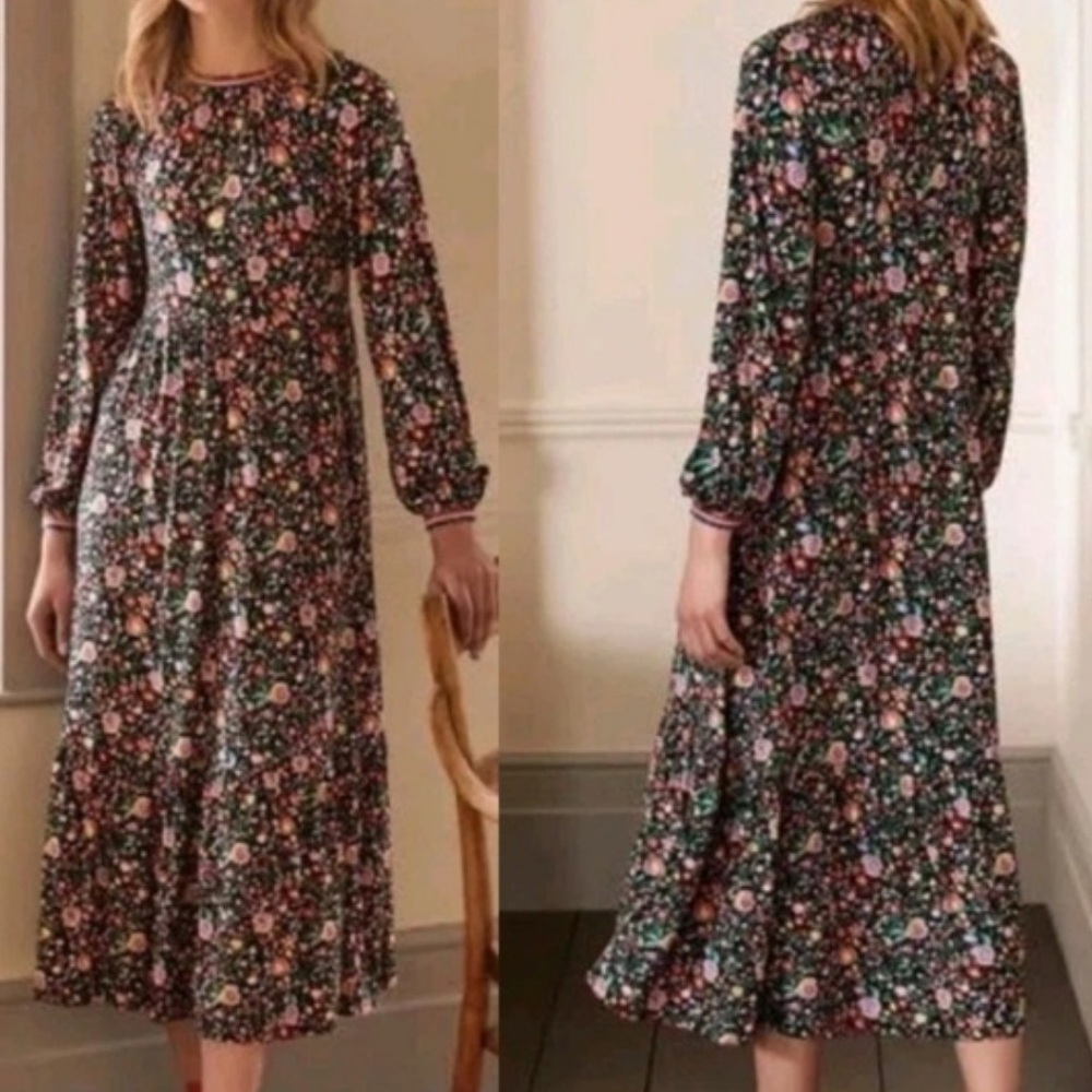 Boden Boho Tiered Jersey Cotton Midi Dress 12P Floral Stretch Cottagecore